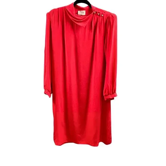Vintage 80s SILK Elegant Red Cowl Neck Shift Dress Minimalist Old Money 7/8 - Picture 2 of 10